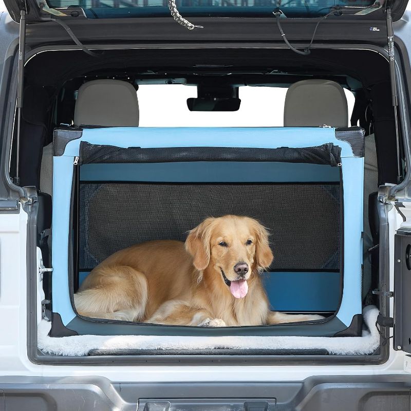 Photo 1 of JOYTUTUS Collapsible Dog Crate, 37 Inch Portable Pet Crate for Car, Travel Dog Kennel Foldable Dog Crate for Large Dog 70lbs, Soft Cat Carrier Fit for Indoor & Outdoor/Trunk (Blue)
