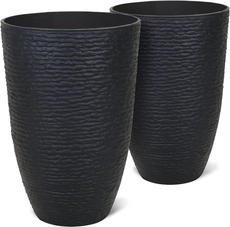 Photo 1 of WORTH Garden 21" H Tall Planters 2 Pack - 14'' Dia Resin Large Round Black Flower Pots for Outdoor Plants Trees - Imitation Stone Finish Plastic Indoor Front Porch 9 Gallon Decorative Container Patio
