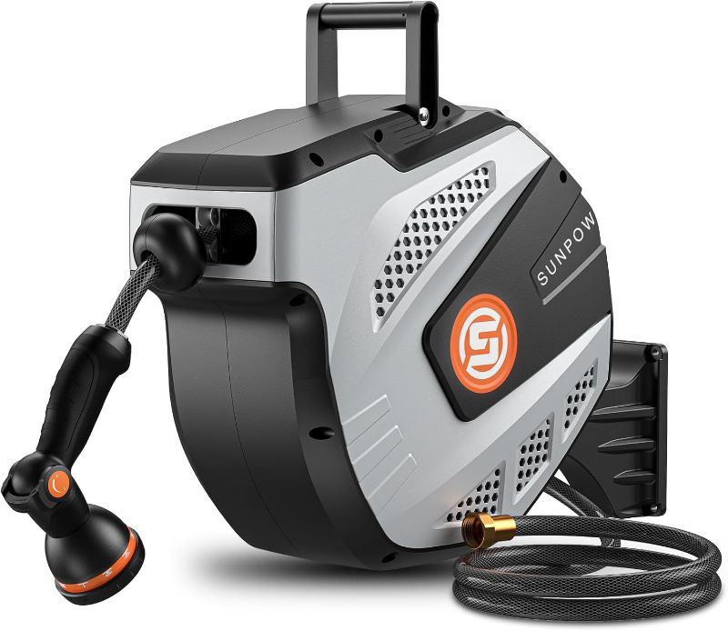 Photo 1 of SUNPOW Retractable Garden Hose Reel - 1/2 inch x 50ft Wall Mounted Hose Reel with 3/4 inch Brass Fitting & 10 Function Sprayer Nozzle - Any Length Lock, Auto Rewind System, 180°Swivel Bracket - Grey
