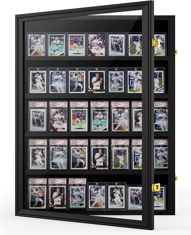 Photo 1 of Mlikero Baseball Card Display Case, 35 Graded Card Display Frame Lockable, Trading Card Display with UV Protection Sports Card Display Case for Baseball Cards, Football Cards, Sports Cards
