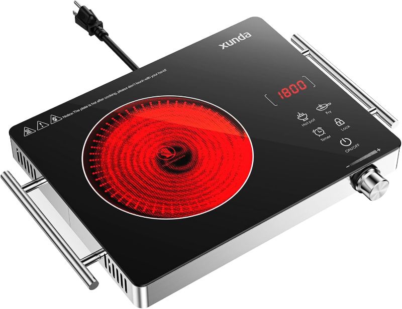 Photo 1 of 1800W Portable Electric Stove, 110v Electric Burner with Carry Handle Hot Plate, Ceramic Infrared Single Burner Cooktop, Touch & Knob Control Timer, Safety Lock (Black)
