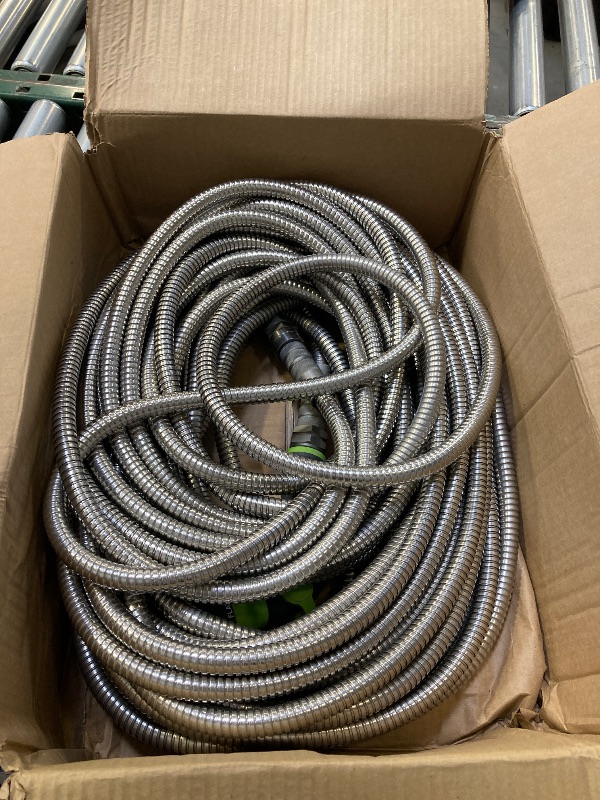 Photo 1 of Bluebala Stainless Steel Garden Hose - 100 FT Metal Water Hose with Solid Swivel Fittings, 8-Mode Spray Nozzle, Heavy Duty, Leak Proof, Puncture Resistant, No Kink for Gardening, Outdoor, Yard, Car