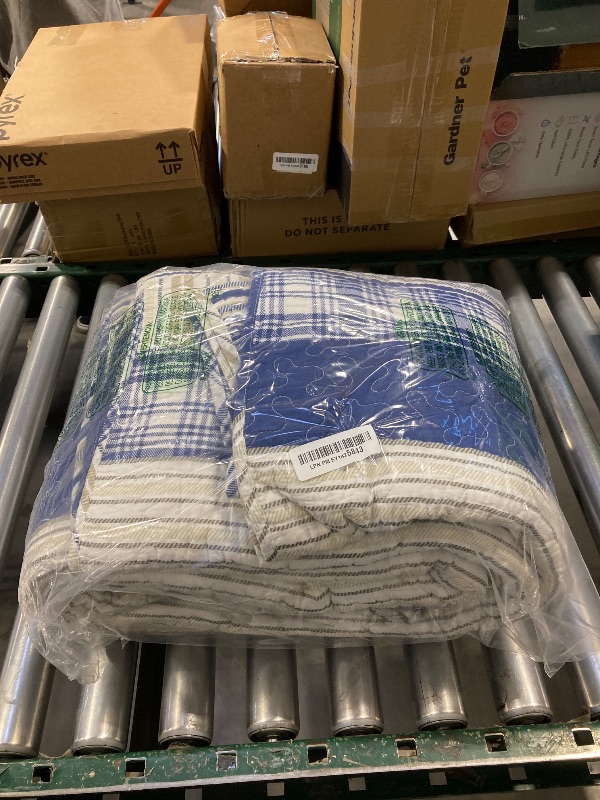 Photo 1 of Homzard King Size Comforter Set - 100% Cotton Blue White Tan Quilt King Size,Farmhouse Plaid Striped Bedspread Set,Reversible Lightweight Quilts 3 Pieces
