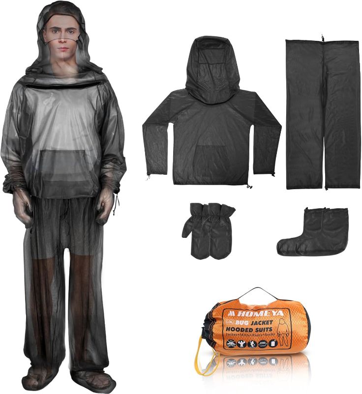 Photo 1 of HOMEYA Bug Jacket L/XL, Anti Mosquito Netting Suit with Zipper on Hood Ultra-fine Mesh Pants Mitt Socks with Free Carry Pouch for Protecting Hunting Fishing Men Women
