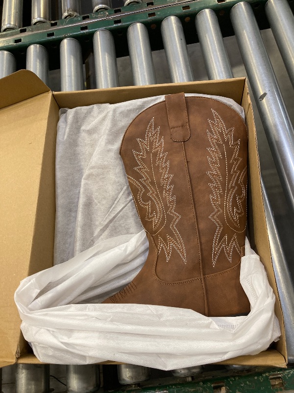 Photo 1 of IUV Cowboy Boots For Women Square Toe Western Boots Mid Calf Cowgirl Boots Pull On Embroidered Brown Cowboy Boots