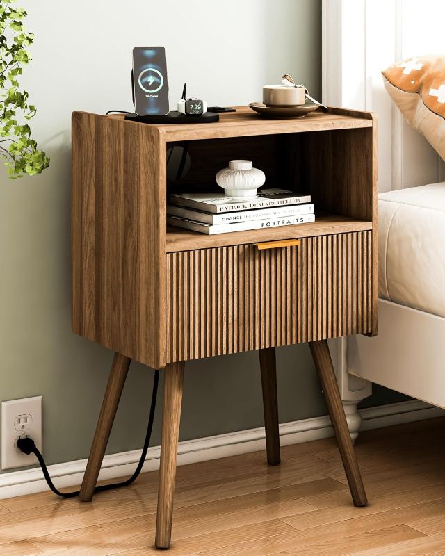 Photo 1 of Nightstand with Outlet,Modern Bedside Table with Storage Drawer and Open Wood Shelf, for Living Room, Bedroom and Small Spaces, Accent Night Stand with Solid Wood Legs, Easy Assembly,Brown

