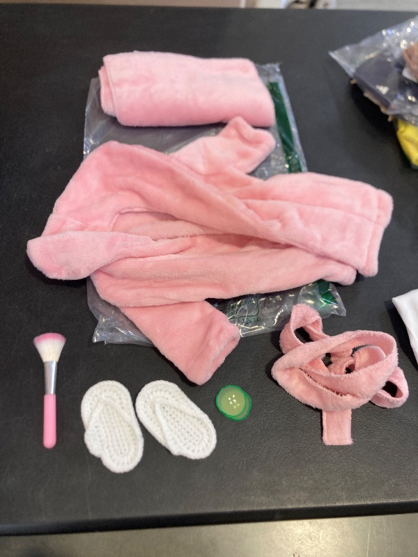 Photo 1 of SPOKKI Newborn Photography Props 7 PCS Newborn Girl Photoshoot Outfits Babies Robe Props with Bath Towel Slippers Cucumber Curler Hat Makeup Brush for Infant Boys Girls