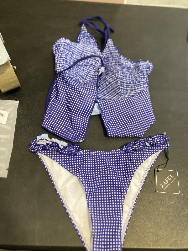 Photo 1 of ZAFUL Tankini Swimsuits for Women Smocked Ruffles Tie Front Bowknot Textured High Cut Tanga Tankini Set(33-Midnight Blue, S)