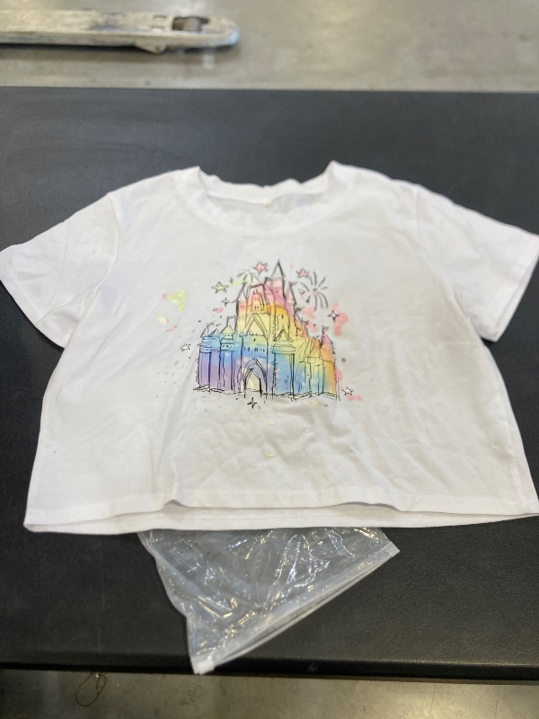 Photo 1 of Magical Crop Tops Women Magic Kingdom T-Shirt Believe in The Magic Cute Castle Graphic Vacation Tee Casual Summer Shirt White small