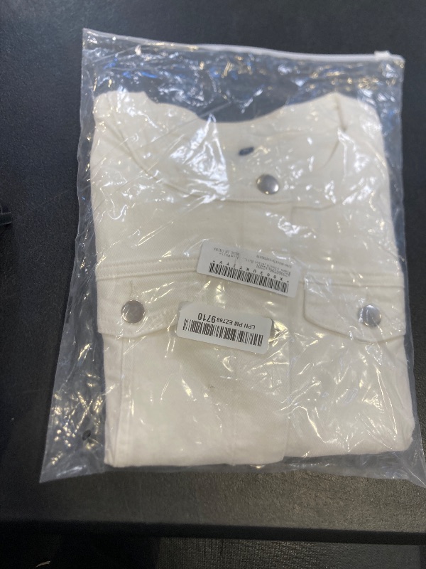 Photo 1 of Allegra K Women's Denim Jacket Collarless Round Neck Button Down Long Sleeve Jean Jackets Medium White