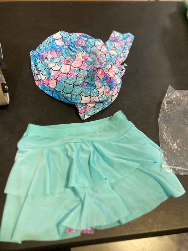 Photo 1 of 7t 8t Little Girl Swimwear Size 7-8 Girl's Swimsuit 2 Pieces Blue Rashguard Swimming Skirt with Shorts Bathing Suits for Child Long Sleeve Mermaid Rash Guard 3D Printed Sun Protection Beachwear