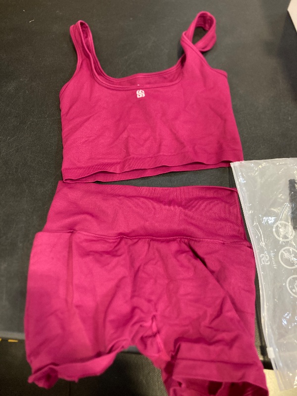 Photo 1 of SUUKSESS Women 2 Piece Workout Sets Tracksuit Hidden Scrunch Butt Lifting Biker Shorts Square Neck Tank Tops (Purple,S)