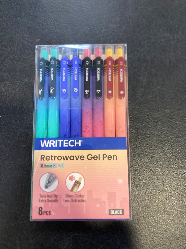 Photo 1 of WRITECH Black Ink Gel Pens: 8-Pack Retrowave 0.5mm Fine Point Pens - Smooth Writing Silent Clicker and Refillable Perfect for School Office & Everyday Use.