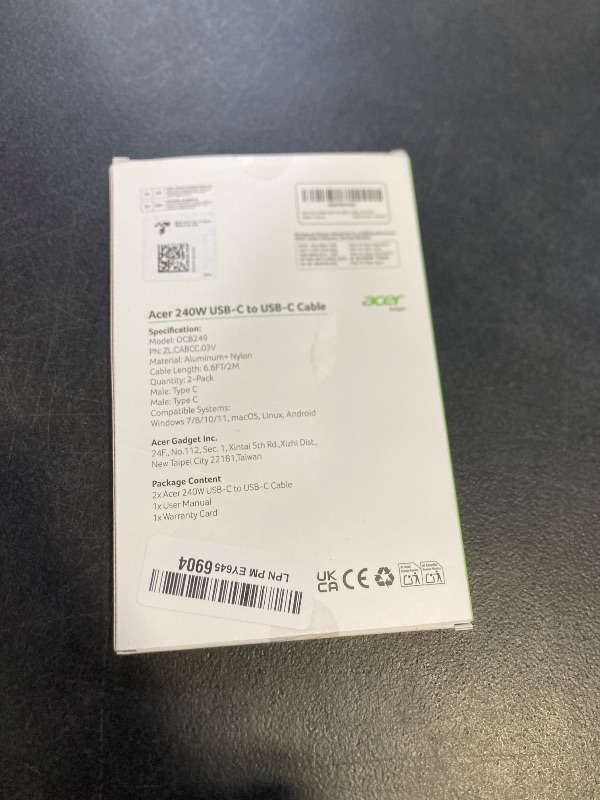 Photo 1 of acer USBC Cable, 240W USB C Cable (6.6FT/2 Pack), C to C Fast Charging Nylon Braided Type-C Charger Cord Compatible with iPhone 17/16/ 15 Pro Max, Galaxy S25/S24, MacBook Pro/Air, iPad, Laptop, etc. SEALED