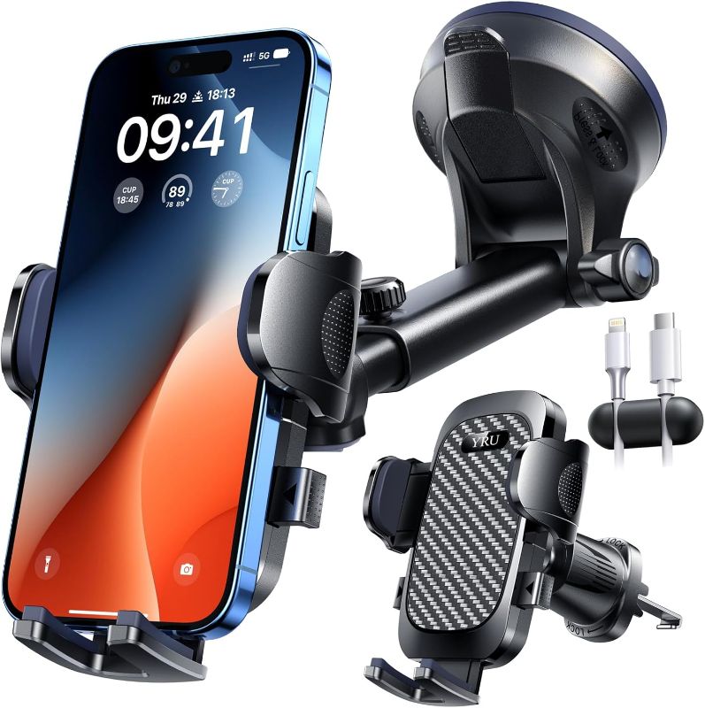 Photo 1 of YRU True Military-Grade [360° Rotation Suction] 2025 Ultimate Car Phone Holder Mount ?90+LBS Safest Strongest & Patent Certs? Dashboard Windshield Vent for iPhone 17 16 Pro Max Samsung, Gloss Black
