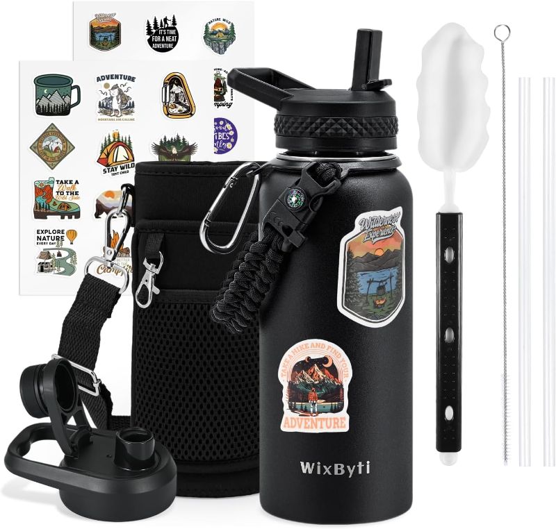 Photo 1 of 32 oz Insulated Water Bottle with Straw (Cold for 48 Hrs), Stainless Steel Triple Wall Vacuum Sports Water Jug, Leakproof Hydro Cup Flask with Paracord Handle & Straw Spout Lids & DIY Stickers
