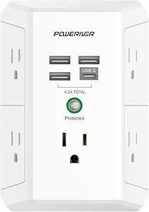 Photo 1 of USB Wall Charger, POWERIVER Multi Outlet Extender Surge Protector with 4 USB Ports, 1680J Wall Outlet Adapter Spaced for Home School Office, ETL Listed, White