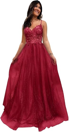 Photo 1 of A Line Sparkly Lace Appliques Prom Dresses for Women Spaghetti Straps Tulle Long Formal Evening Party Gowns