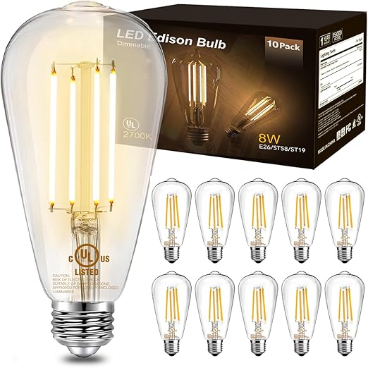 Photo 1 of DAYBETTER 10 Pack Vintage LED Edison Bulbs, E26 Dimmable LED Bulb, 60 watt Equivalent, ST58 Antique Filament Light Bulbs with Warm White 2700K, Brightness 8W, 800LM, 80+ CRI, Clear Glass
