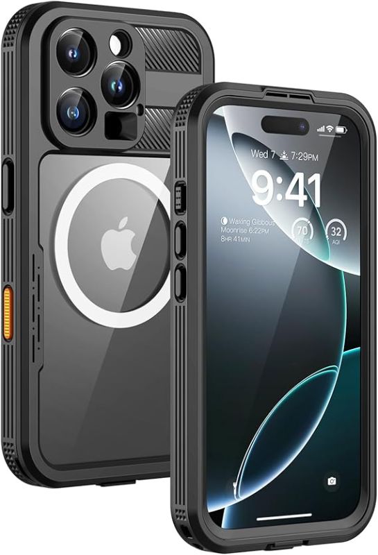 Photo 1 of Lanhiem Magnetic for iPhone 16 Pro Max Case, IP68 Waterproof Dustproof Case, [Compatible with Magsafe] [Built-in Screen Protector] Full Body Heavy Duty Rugged Phone Cover 6.9 inch, Black/Clear
