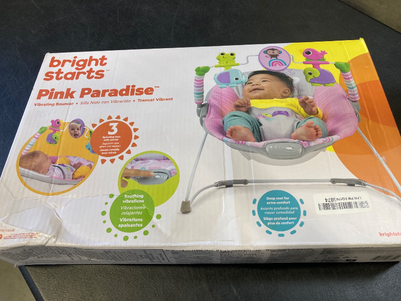 Photo 1 of Bright Starts Pink Paradise Portable Baby Bouncer with Vibrating Infant Seat and -Toy Bar, Max Weight 20 lbs., Age 0-6 Months