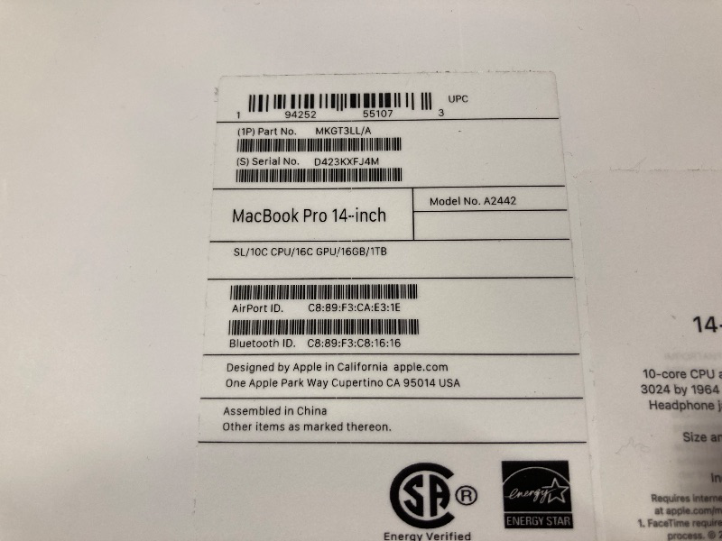 Photo 1 of 2021 Apple MacBook Pro (14-inch, M1 Pro chip with 10?core CPU and 16?core GPU, 16GB RAM, 1TB SSD) - Silver