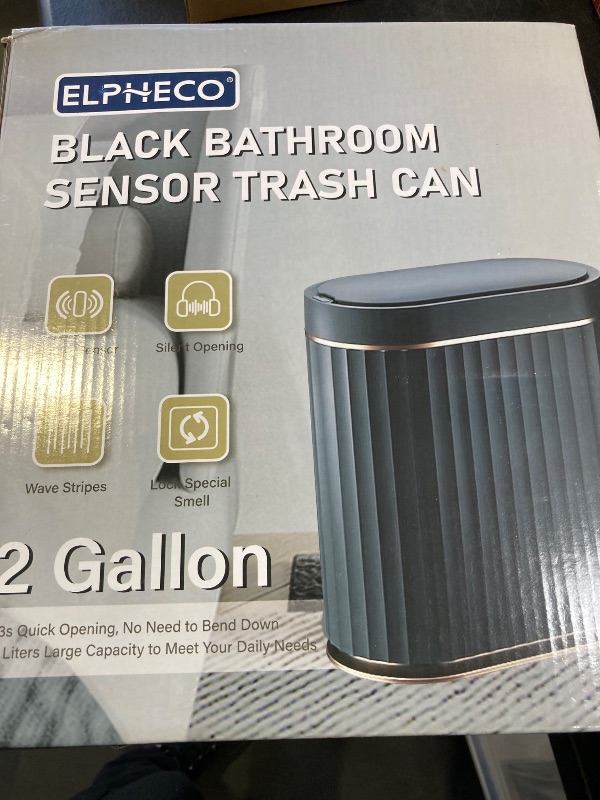 Photo 1 of ELPHECO Black Bathroom Trash Can with Lid 2 Gallon Sensor Trash Bin, Automatic Narrow Garbage Can, Waterproof Smart Trash Can, Slim Motion Sensor Waste Bins for Bathroom, Living Room, Office