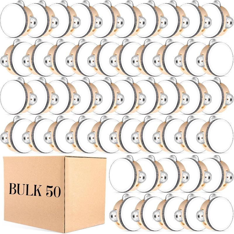 Photo 1 of 50 Pcs 4 Inch Wedding Tambourine Bulk Drum for Adults Hand Held Percussion Gift Wood Metal Jingles Musical Educational Drum Instrument for Church Wedding Party Favor