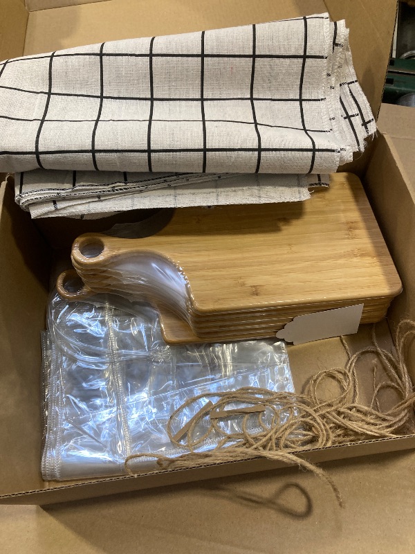 Photo 1 of 6 Sets 37 Pcs Bamboo Charcuterie Boards Sets Cheese Board with Bamboo Spoon Placemats Artificial Eucalyptus Stems Tags Bags for Wedding Bridal Shower Gift Housewarming Favors