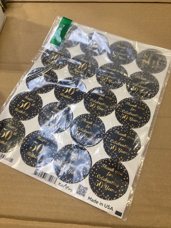 Photo 1 of 50th Birthday Round 2 Inch Big Glossy Stickers, Thank You for Celebrating 50 Years Black and Gold Labels, Great for Party Favors, Decorations, Tags, Gift Bags and Supplies. Made in USA