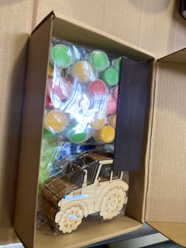 Photo 1 of 12 Pack Unassembled Tractor Party Favors, Wooden Tractor Cutouts with Magnets & Painting Kits for Kids, Farm Theme Birthday Crafts & Thank You Gifts
