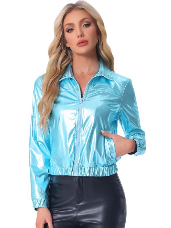 Photo 1 of Allegra K Women's Holographic Shiny Party Christmas Long Sleeve Lightweight Zipper Metallic Jacket Light Aqua Blue - S