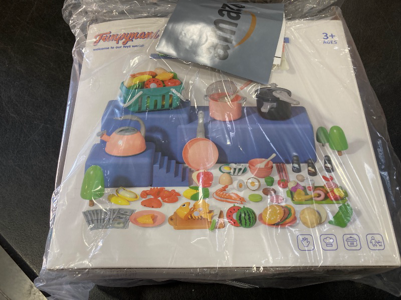 Photo 1 of 130Pcs Kitchen Playset, Toddler Pretend Cooking Play Pots, Pans, Utensils Cookware, Daily Food Fruit Veges, Shopping Storage Basket, Dessert, Prop Money, Learning Gift for Child (Turquoise)