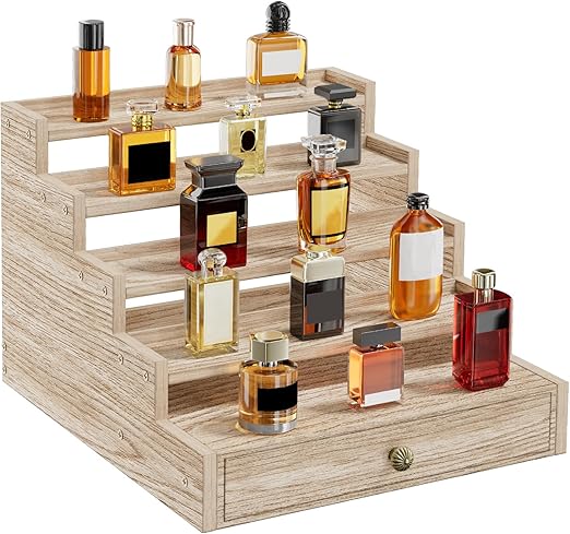Photo 1 of 5 Tier Cologne Organizer for Men, Wooden Stand Rack Display Shelf with Drawer Storage, Large Capacity Perfume Holder for Man, Log Color
