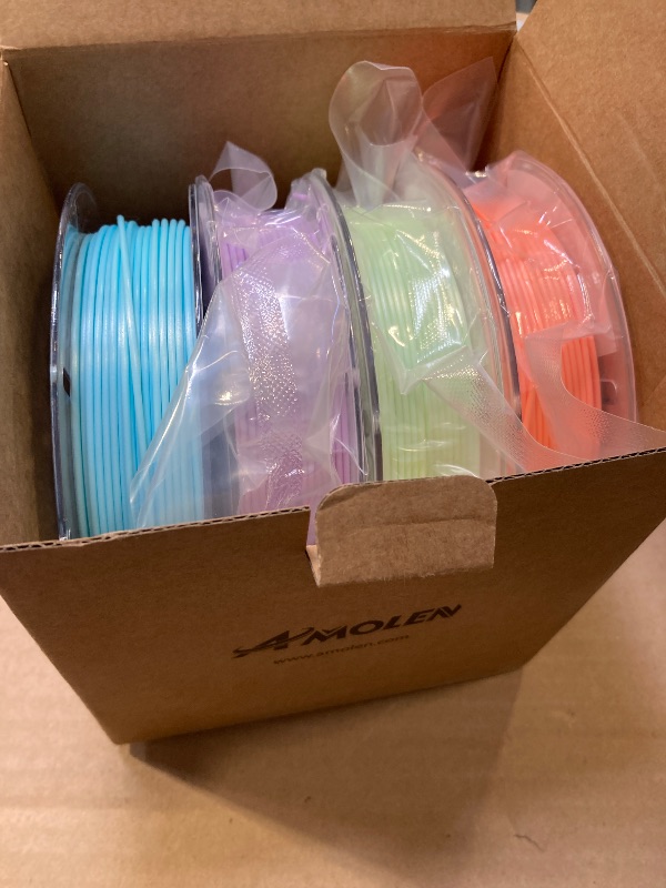 Photo 1 of AMOLEN Silk Glow in The Dark Filament Multicolor, Glow Filament Silk Green, Silk Blue, Silk Purple, Silk Orange Red 1.75mm PLA Filament, Dimensional Accuracy +/- 0.02 mm, 200g X 4 Pack