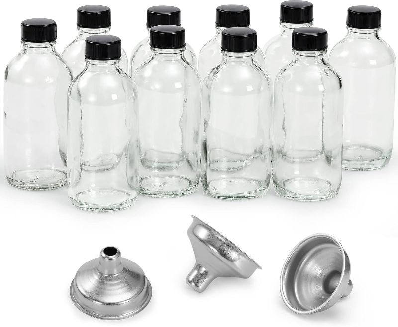 Photo 1 of 10 Pack, 4 oz Small Clear Glass Bottles w/Lids & 3 Stainless Steel Funnel - 120ml Boston Round Sample Bottle for Potion, Juice, Ginger Shot, Wellness, Oils, Whiskey, Liquids - Leakproof Travel Bottle
