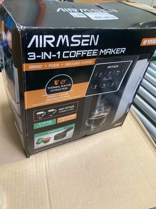 Photo 1 of AIRMSEN Grind & Brew Coffee Maker with Built-in Grinder - Single-Serve Machine Compatible with K-Cup Pods & Ground Coffee, 1000W Fast 6-14oz Brew, Descaling Alert, Touchscreen & 50oz Removable Tank