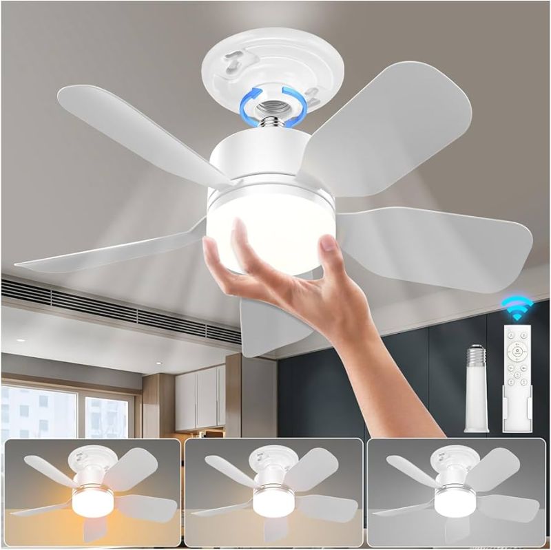 Photo 1 of 20" E26 Socket Fan Light with Remote, 30W 2000 Lumens, 3 Colors 3000-6000K Socket Breeze ceiling fans with lights 6 Speed Wind Light Bulb Fan for Bedroom, Living Room, Kitchen, Laundry Room, Garage