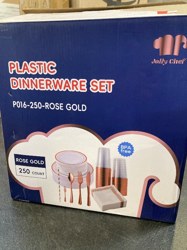Photo 1 of 250 Count Rose Gold Disposable Plastic Dinnerware Set, 50 Rose Gold Plastic Plates, 25 Silverware, 25 Cups and Straws, 50 Napkins, Perfect for Wedding Party