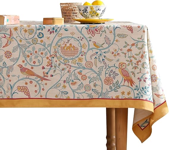 Photo 1 of patdrea Designer Yellow French Spring Summer Tablecloth, Rustic Linen Floral Birds Pattern Table Cloth for Rectangle Tables, Decor Table Cover for Kitchen Dining Banquet,Christmas,63"*110"
