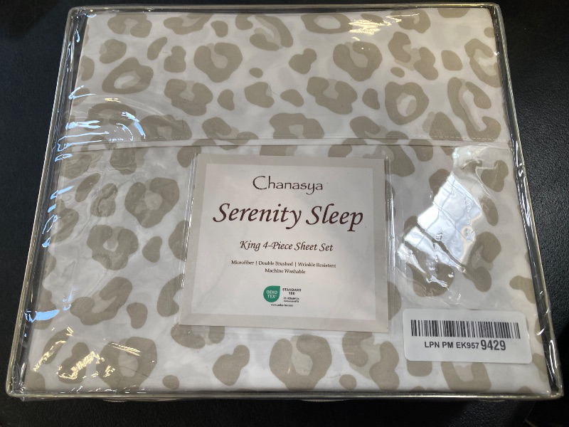 Photo 1 of Chanasya Premium Leopard Print Animal Patterned King Bed Sheet Set 4-Piece - 1 Flat 1 Fitted Sheet 2 Pillowcases - Ultra Soft Luxurious Microfiber Sheets - Beige