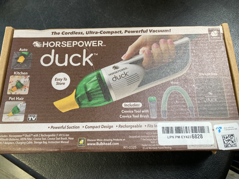Photo 1 of Duck Compact Cordless Vacuum by Horsepower, Ultra-Powerful, Strong Suction, AS-SEEN-ON-TV, Easy To Store, Rechargeable. Home, Auto, Pet Hair, Fits In Tiny Crevices, Includes Hose, Crevice Tool & Brush