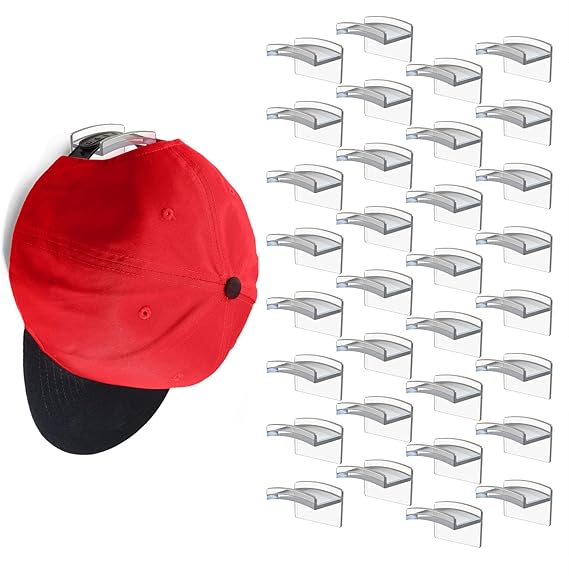 Photo 1 of Modern JP Adhesive Hat Hooks for Wall (32-Pack) - Minimalist Hat Rack Design, No Drilling, Strong Hold Hat Hangers - USA Patented, Clear
