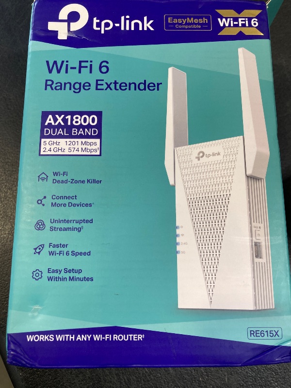 Photo 1 of TP-Link RE615X AX1800 WiFi 6 Range Extender w/Ethernet Port | 1.8G Dual-Band Wireless Repeater Amplifier | Up to 2100 Sq. Ft., 64 Devices | Internet Signal Booster | APP Setup | Easy Mesh Compatible
