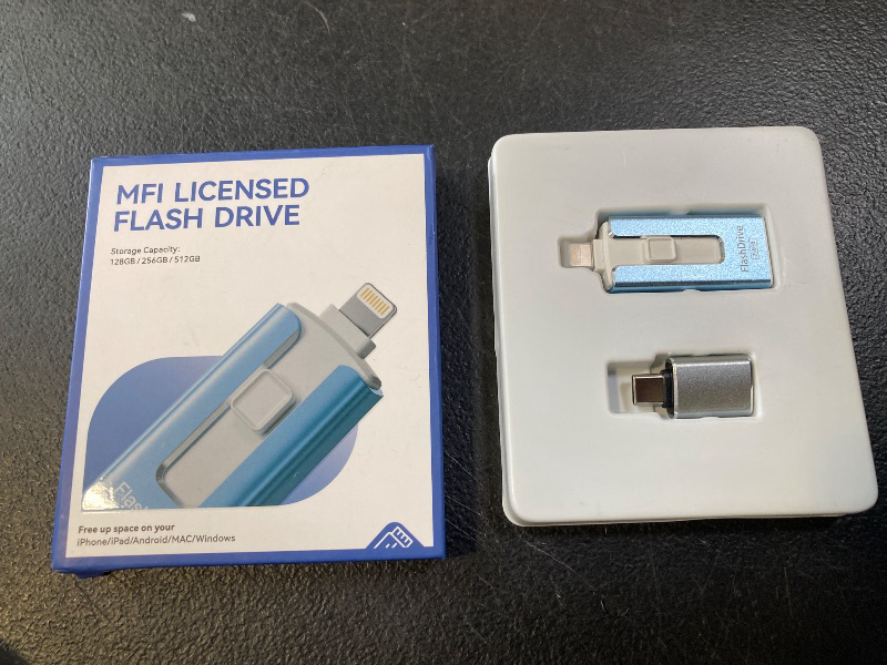 Photo 1 of MFi Certified 256GB Flash Drive for iPhone iPad, Photo Stick for External Memory Storage, Easily Back Up and Save Photos Videos, USB Memory Stick Thumb Drive for iPhone/iPad/Android/PC (Blue, 256GB)