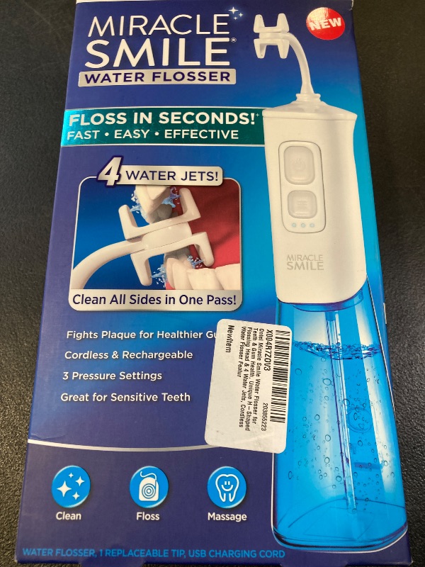 Photo 1 of Ontel Miracle Smile Water Flosser for Teeth & Gum Health, Unique H-Shaped Flossing Head & 4 Water Jets, Cordless Water Flosser Features 360° Cleaning & 3 Pressure Modes, USB Rechargeable Dental Floss