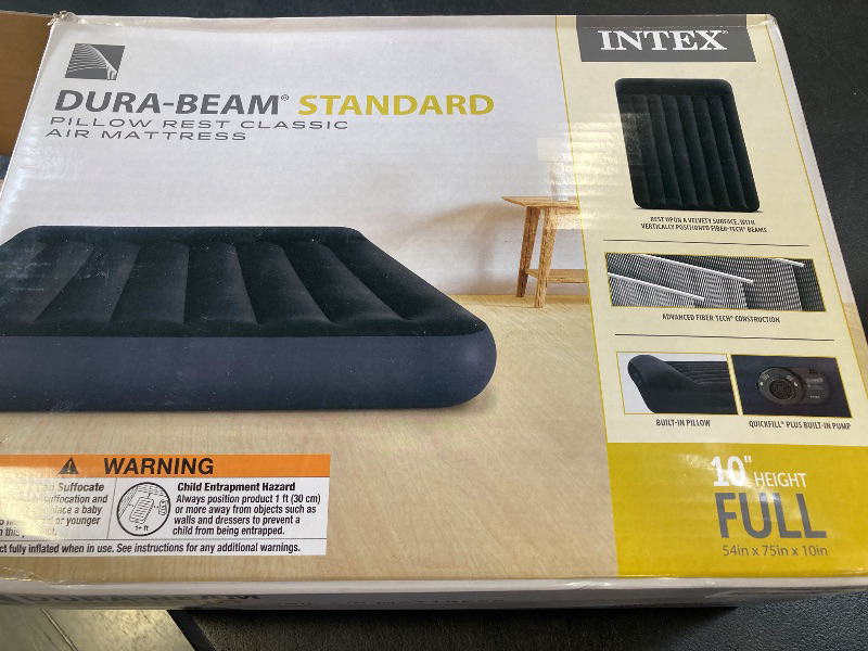 Photo 1 of INTEX 64147ED Dura-Beam Standard Pillow Rest Air Mattress: Fiber-Tech – Full Size – Built-in Electric Pump – 10in Bed Height – 600lb Weight Capacity