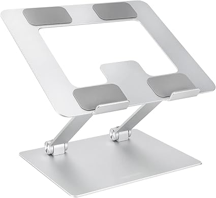 Photo 1 of Amazon Basics Sturdy and Portable Ergonomic Laptop Stand for Desk, Adjustable Riser, Fits all Laptops and Notebooks up to 17.3 Inch, Silver, 10 x 8.7 x 6 in
