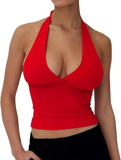 Photo 1 of Women's Sexy Red Halter Tie Back Deep V Neck Sleeveless Slim Fitted Going Out Crop Tank Top - S