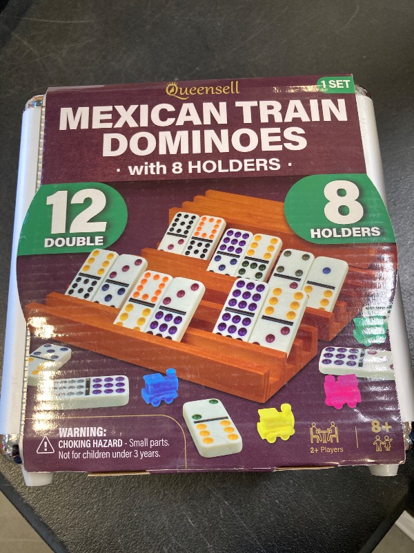 Photo 1 of Queensell Mexican Train Dominoes Set with 8 Holders - Wooden Hub and Tiles Holders - Double 12 Tiles with Dots (D12 + 8 Holders)